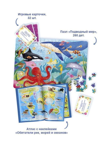 Подарок большой. В океане. Пазл 260 дет + Атлас с наклейками + Игровые карточки