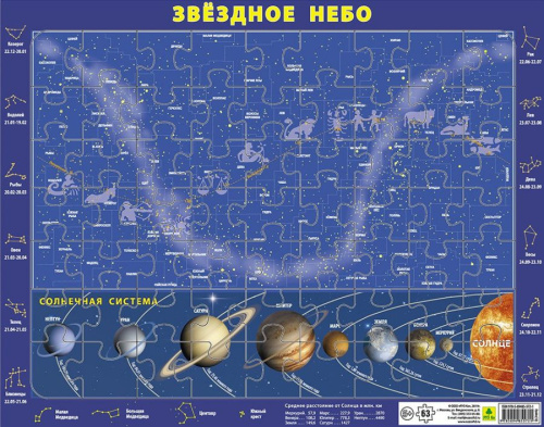Детский пазл на подложке. Карта звездного неба и Солнечной системы. (36х28 см, 63 эл.)(РУЗ Ко)