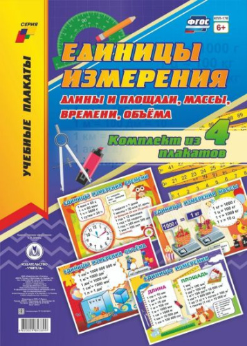 Комплект плакатов "Единицы измерения длины и площади, массы, времени, объёма": 4 плаката
