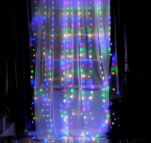 Гирлянда Занавес 2.8 х 3 м , IP20, сереб. нить, 300 LED, свечение мульти, 8 режимов, USB