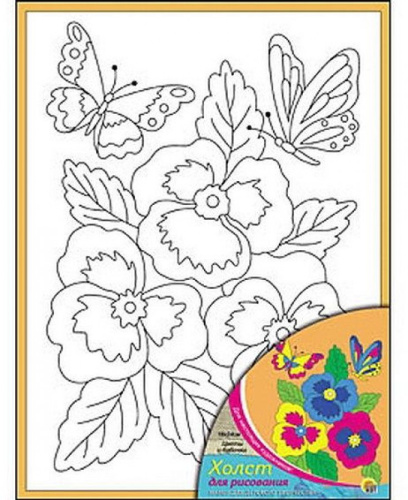 Холст с красками 18х24 см Цветы и бабочки