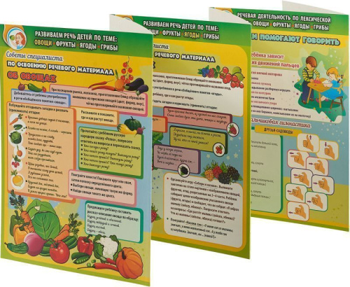 Развиваем речь детей 5-7 лет по лексической теме "Овощи, фрукты, ягоды, грибы". Ширмы с информацией для родителей и детей