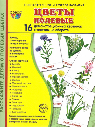 Демонстрационные картинки СУПЕР. Цветы полевые. 16 демонстрационных картинок с текстом 173х220 мм