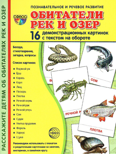 Демонстрационные картинки СУПЕР Обитатели рек и озер. 16 раздаточных карточек с текстом (173*220 мм)