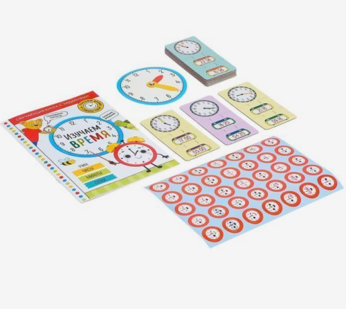 Игровой и обучающий набор "Изучаем время", пазлы, книга, часы, наклейки
