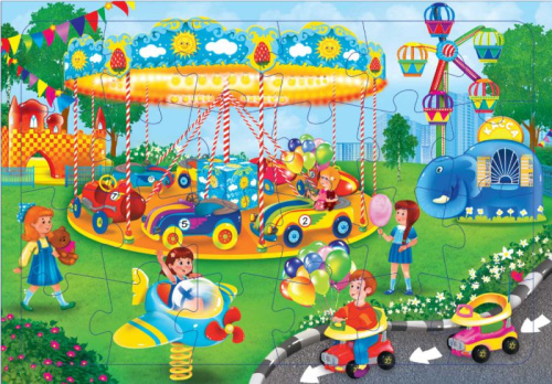Пазл листовой на подложке. В парке аттракционов. 24 детали. 21х29,5 см.